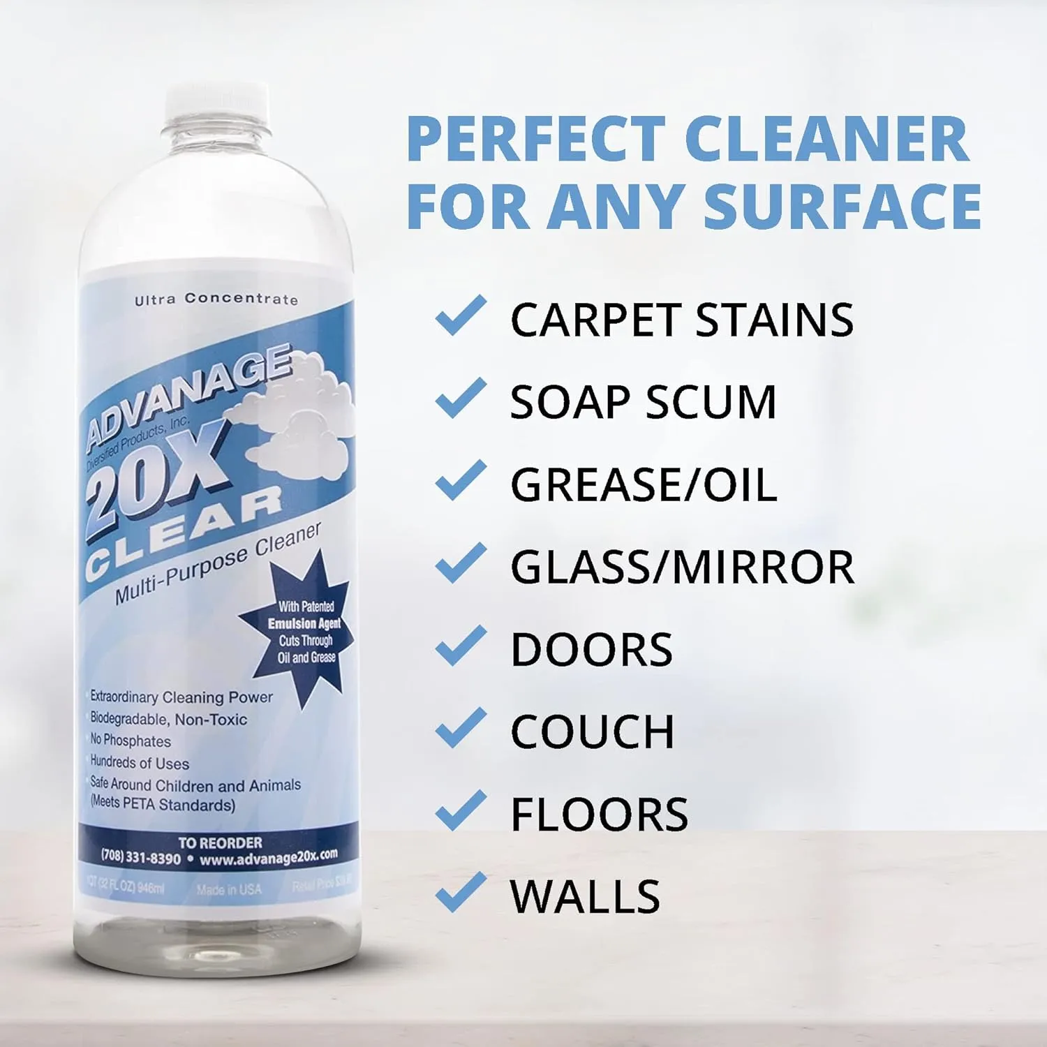 All Purpose Cleaner Concentrate - Advanage 20X The Wonder Cleaner Clear for All Surfaces Around The Home, Oil and Grease | Multipurpose Cleaner For All Household Cleaning Needs | 32Oz