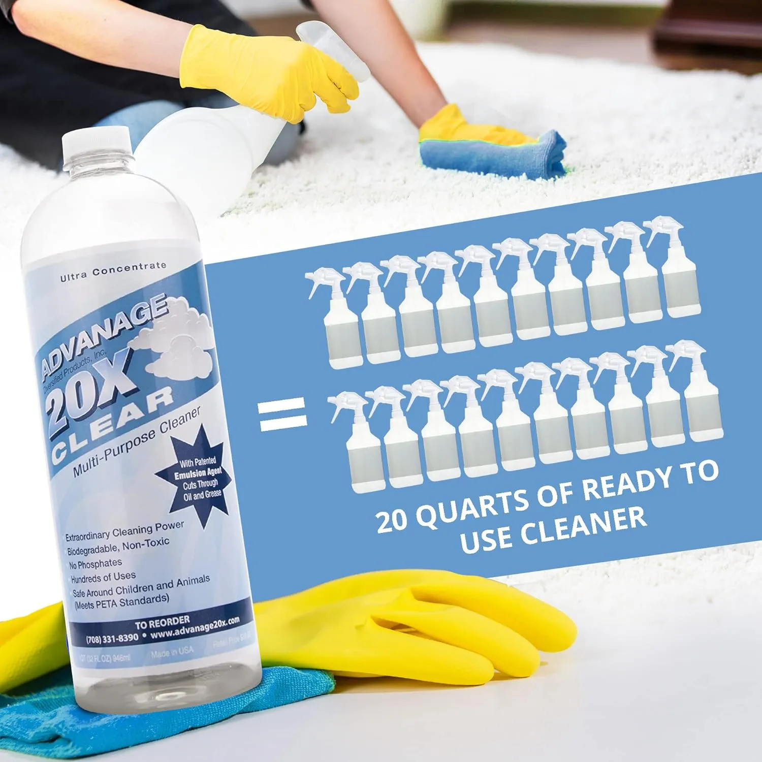 All Purpose Cleaner Concentrate - Advanage 20X The Wonder Cleaner Clear for All Surfaces Around The Home, Oil and Grease | Multipurpose Cleaner For All Household Cleaning Needs | 32Oz