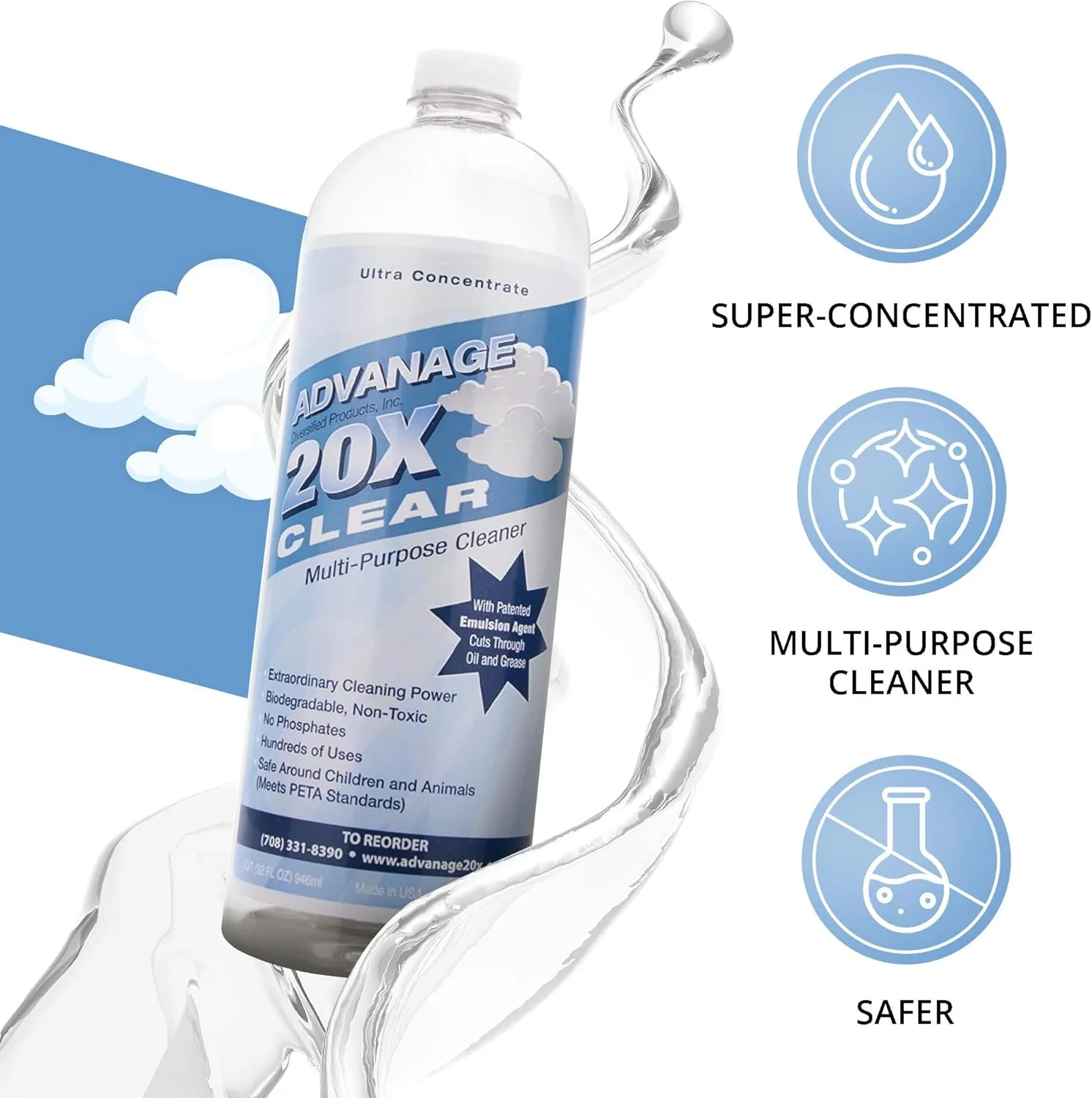 All Purpose Cleaner Concentrate - Advanage 20X The Wonder Cleaner Clear for All Surfaces Around The Home, Oil and Grease | Multipurpose Cleaner For All Household Cleaning Needs | 32Oz