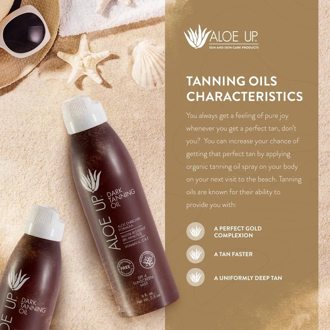 ALOE UP Aloe Vera Quick Dry Tanning Oil Spray 6 Fl Oz – Reef Safe Outdoor Sun Screen & Tan Oil, Non-Greasy, Fast Absorbing, SPF 4, 2 Pack – Brown, Medium Skin Tone