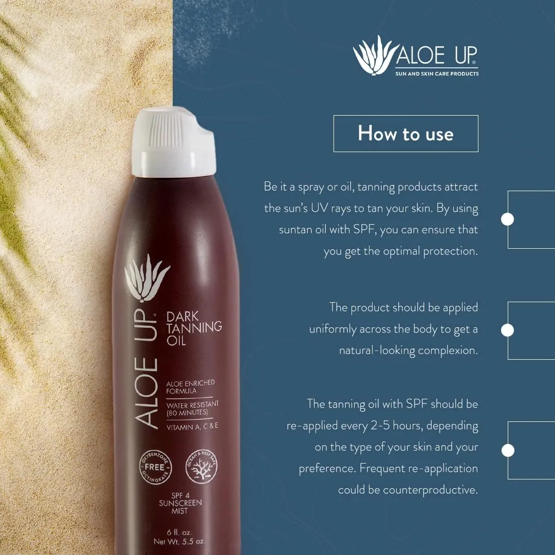 ALOE UP Aloe Vera Quick Dry Tanning Oil Spray 6 Fl Oz – Reef Safe Outdoor Sun Screen & Tan Oil, Non-Greasy, Fast Absorbing, SPF 4, 2 Pack – Brown, Medium Skin Tone