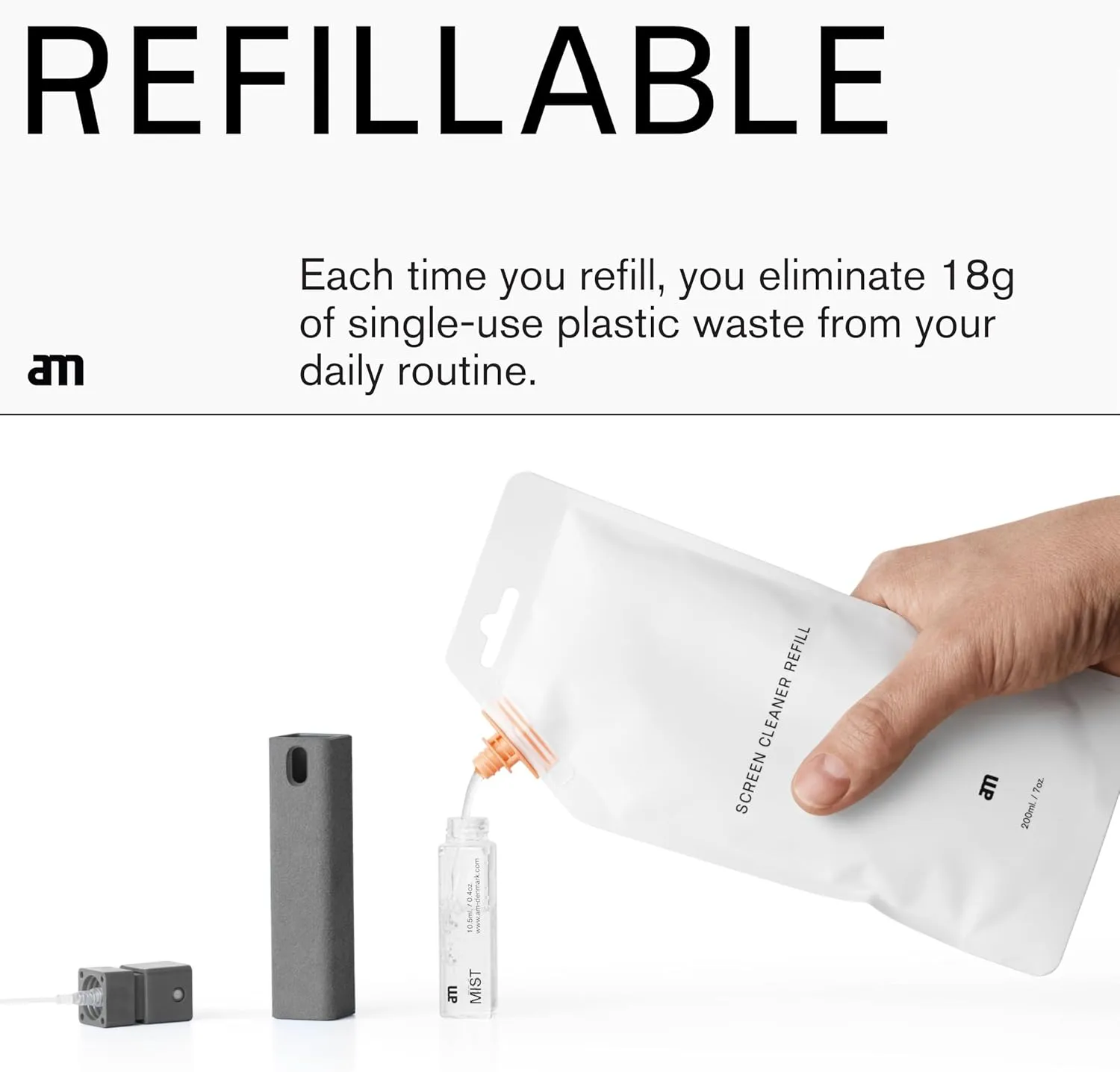 am Screen Cleaner Mist Spray Includes Harm-Free Liquid with Microfiber Cloth for iPhone 15 and iPhone 14, Smartphones, Tablets, Refillable and Eco-Friendly, 3 Pack, Gray