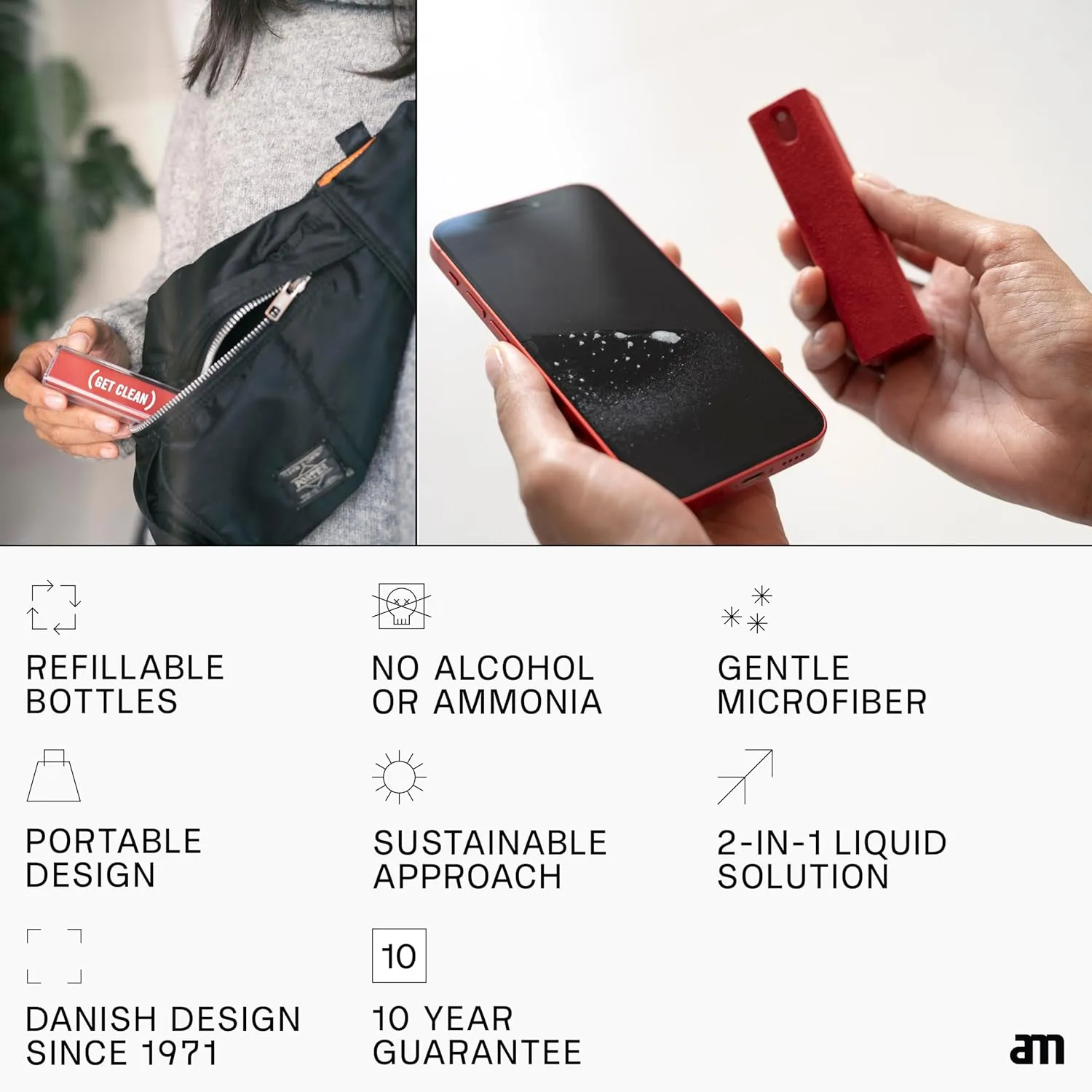 am Screen Cleaner Mist Spray Includes Harm-Free Liquid with Microfiber Cloth for iPhone 15 and iPhone 14, Smartphones, Tablets, Refillable and Eco-Friendly, 3 Pack, Gray