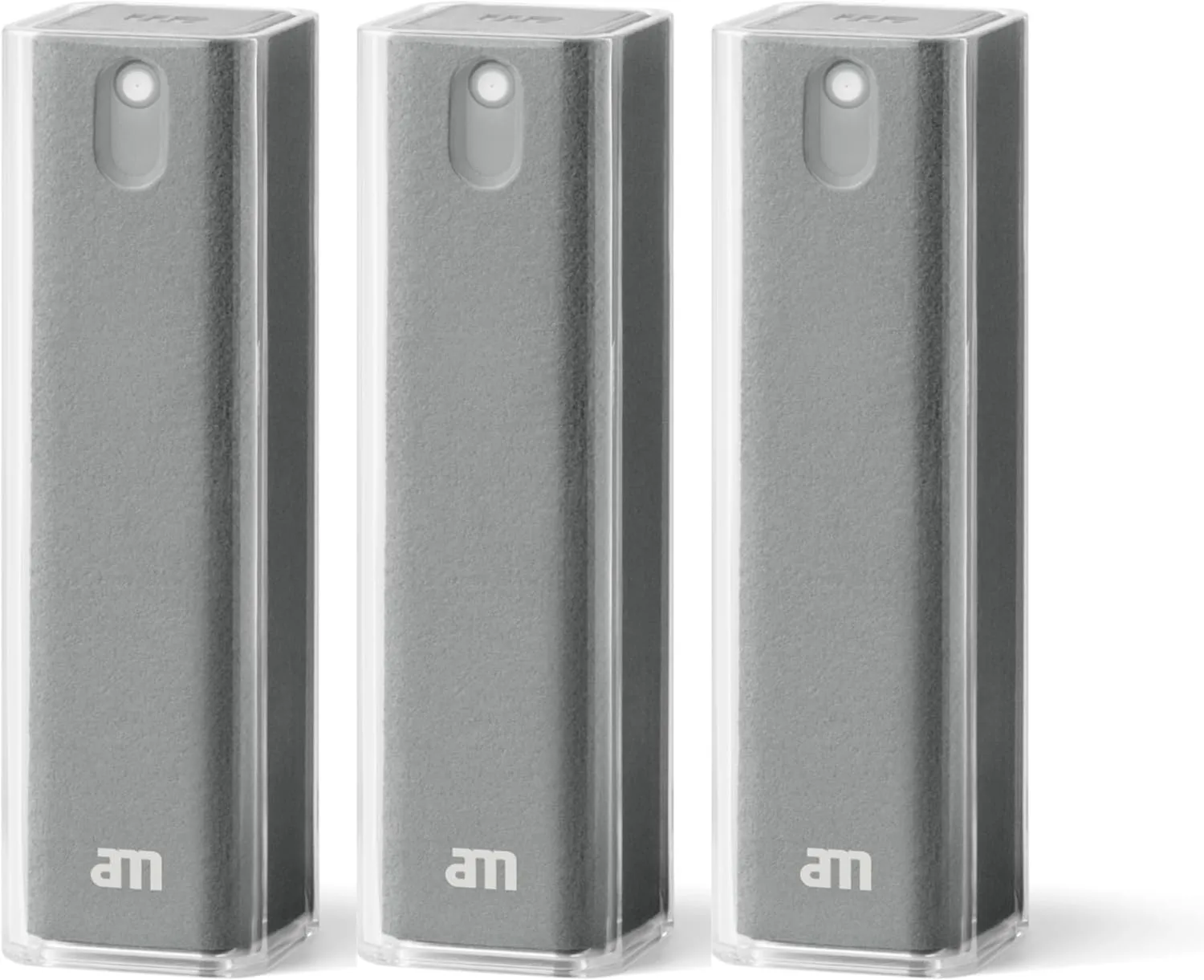 am Screen Cleaner Mist Spray Includes Harm-Free Liquid with Microfiber Cloth for iPhone 15 and iPhone 14, Smartphones, Tablets, Refillable and Eco-Friendly, 3 Pack, Gray