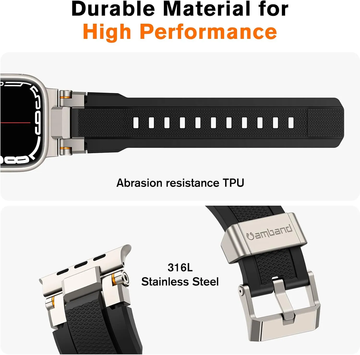 amBand Compatible with Apple Watch 10 46mm Bands Men, M1 Sport Series Rugged High End Strap with Stainless Steel Connector to Match Watch's Metal Case for iWatch 46 mm Men Natural Titanium/Black