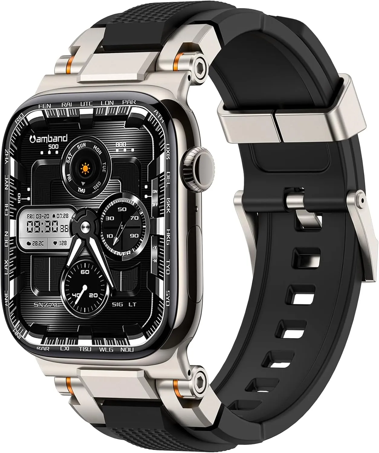 amBand Compatible with Apple Watch 10 46mm Bands Men, M1 Sport Series Rugged High End Strap with Stainless Steel Connector to Match Watch's Metal Case for iWatch 46 mm Men Natural Titanium/Black