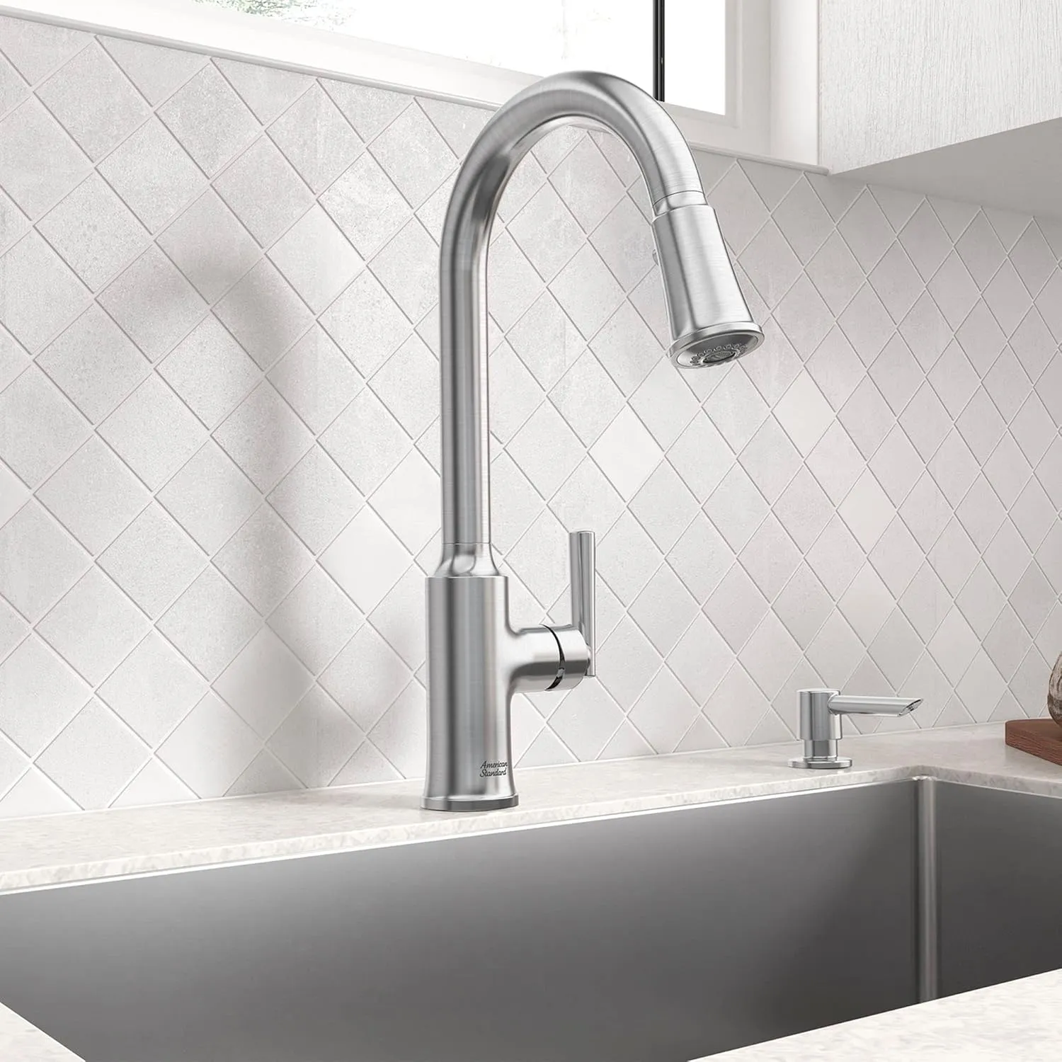 American Standard 7421300.075 Raviv Pull-Down Kitchen Faucet with Sprayer and Soap Dispenser Stainless Steel