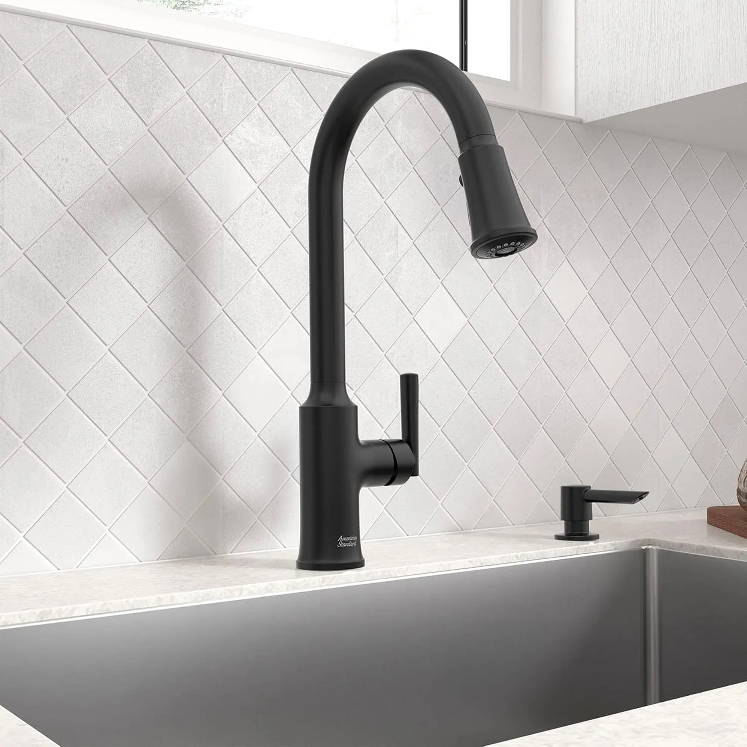 American Standard 7421300.243 Raviv Pull-Down Kitchen Faucet with Sprayer and Soap Dispenser Matte Black