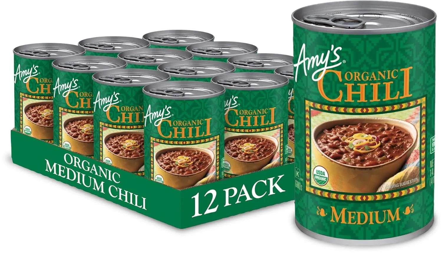 Amy's, Chili, Gluten Free, Vegetarian, Organic, Medium Spice, Jalapeño Pepper, 14.7, Pack of 12 oz