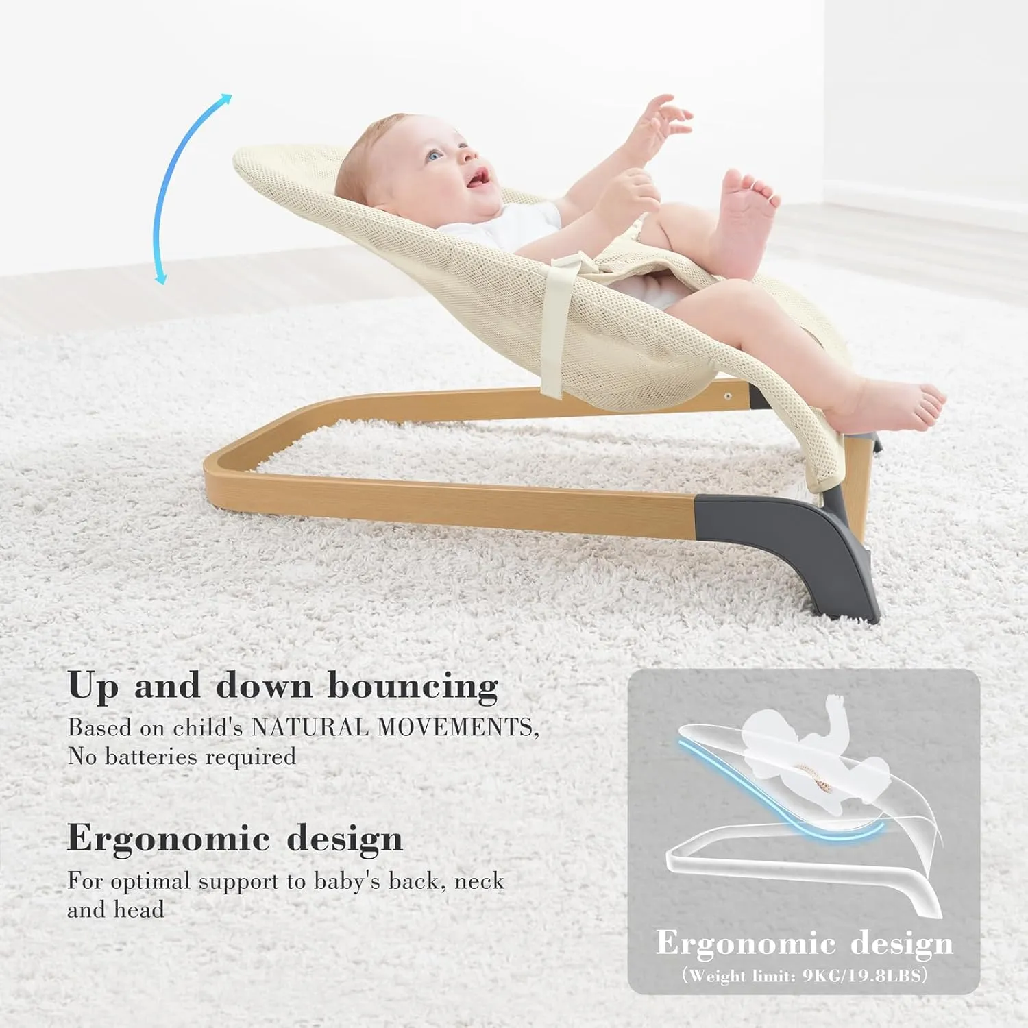 ANGELBLISS Baby Bouncer, Portable Bouncer Seat for Babies, Infants Bouncy Seat with Mesh Fabric, Natural Vibrations (Beige)