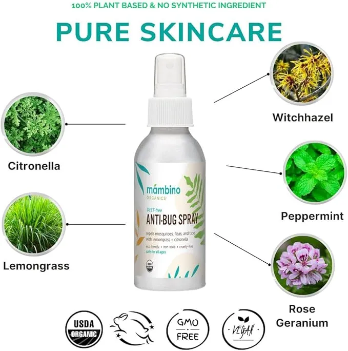 Anti-Bug Spray & Lotion DEET-Free – Organic, All-Natural Bug Spray & Lotion Made with Nourishing Essential Oils – Bug Repellent for Babies, Kids, Adults, Camping, & More by Mambino Organics, 8oz