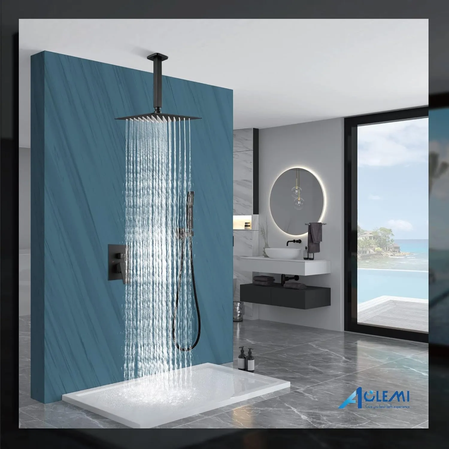 Aolemi Ceiling Mount Shower System Rain Shower Head with Handheld Spray High Pressure Shower Faucet Set Rough-in Valve Shower Trim Kit Included Bathroom Matte Black 12 Inch Ceiling Shower Head