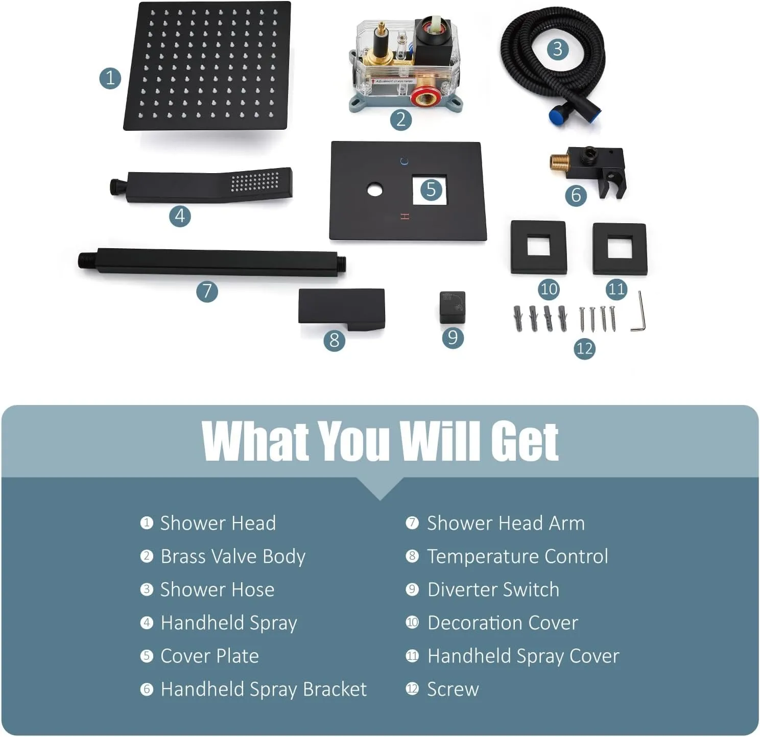 Aolemi Ceiling Mount Shower System Rain Shower Head with Handheld Spray High Pressure Shower Faucet Set Rough-in Valve Shower Trim Kit Included Bathroom Matte Black 12 Inch Ceiling Shower Head