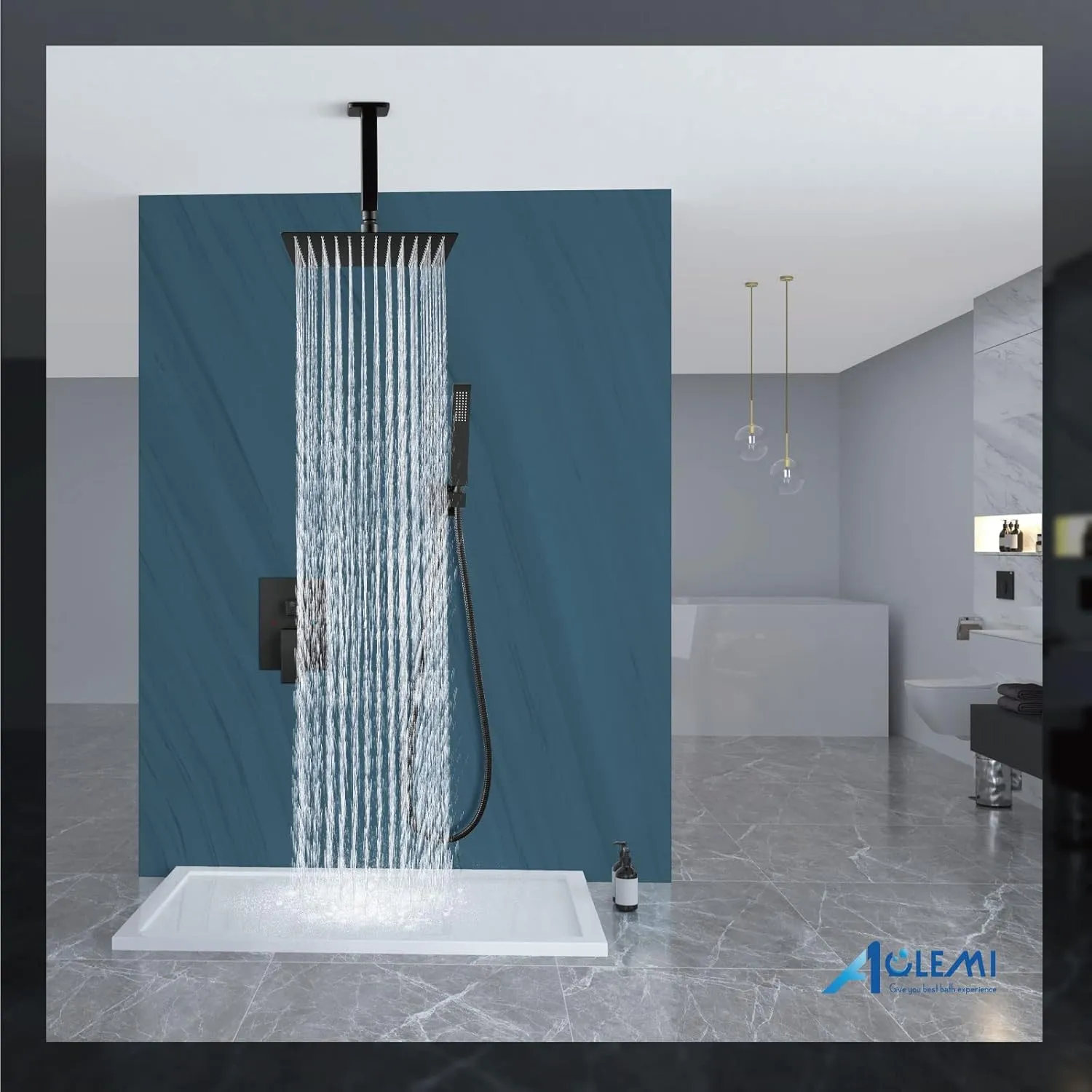Aolemi Ceiling Mount Shower System Rain Shower Head with Handheld Spray High Pressure Shower Faucet Set Rough-in Valve Shower Trim Kit Included Bathroom Matte Black 12 Inch Ceiling Shower Head
