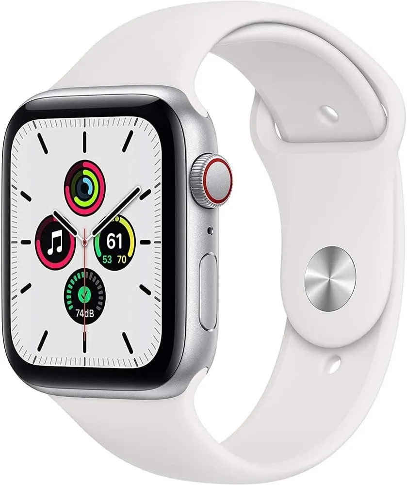 Apple Watch SE (GPS   Cellular, 44mm) - Silver Aluminum Case with White Sport Band (Renewed)