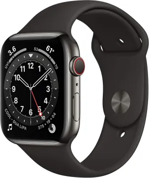 Apple Watch Series 6 (GPS   Cellular, 44mm) - Graphite Stainless Steel Case with Black Sport Band (Renewed)