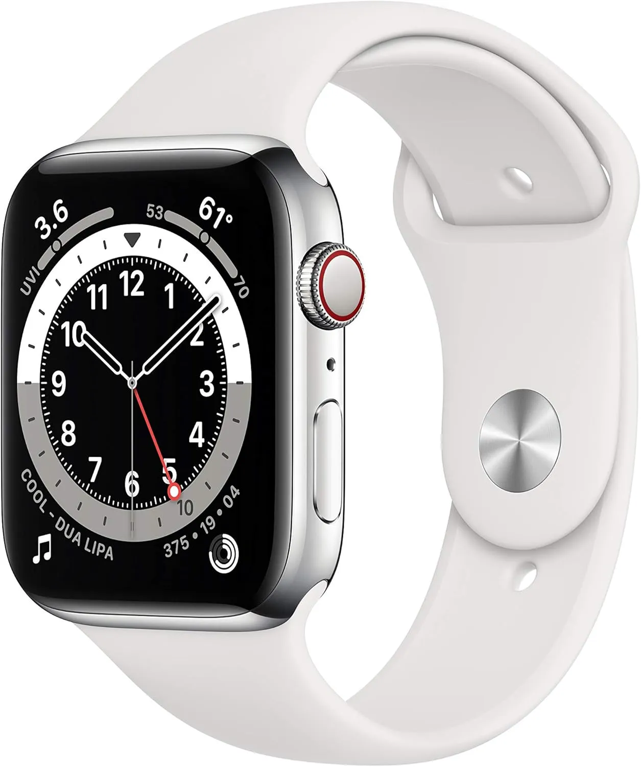 Apple Watch Series 6 (GPS   Cellular, 44mm) - Silver Stainless Steel Case with White Sport Band (Renewed)