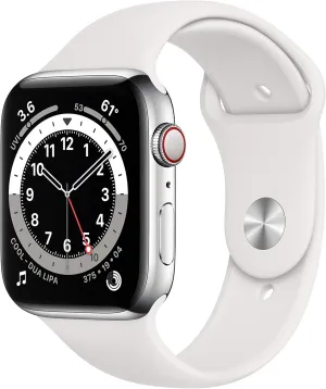 Apple Watch Series 6 (GPS   Cellular, 44mm) - Silver Stainless Steel Case with White Sport Band (Renewed)