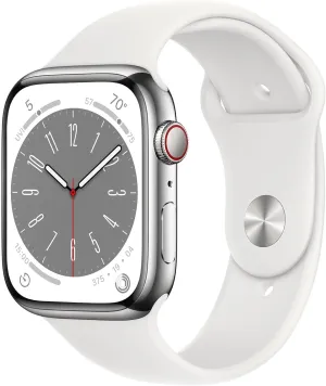 Apple Watch Series 8 (GPS   Cellular, 41mm) - Silver Stainless Steel Case with White Sport Band M/L (Renewed)