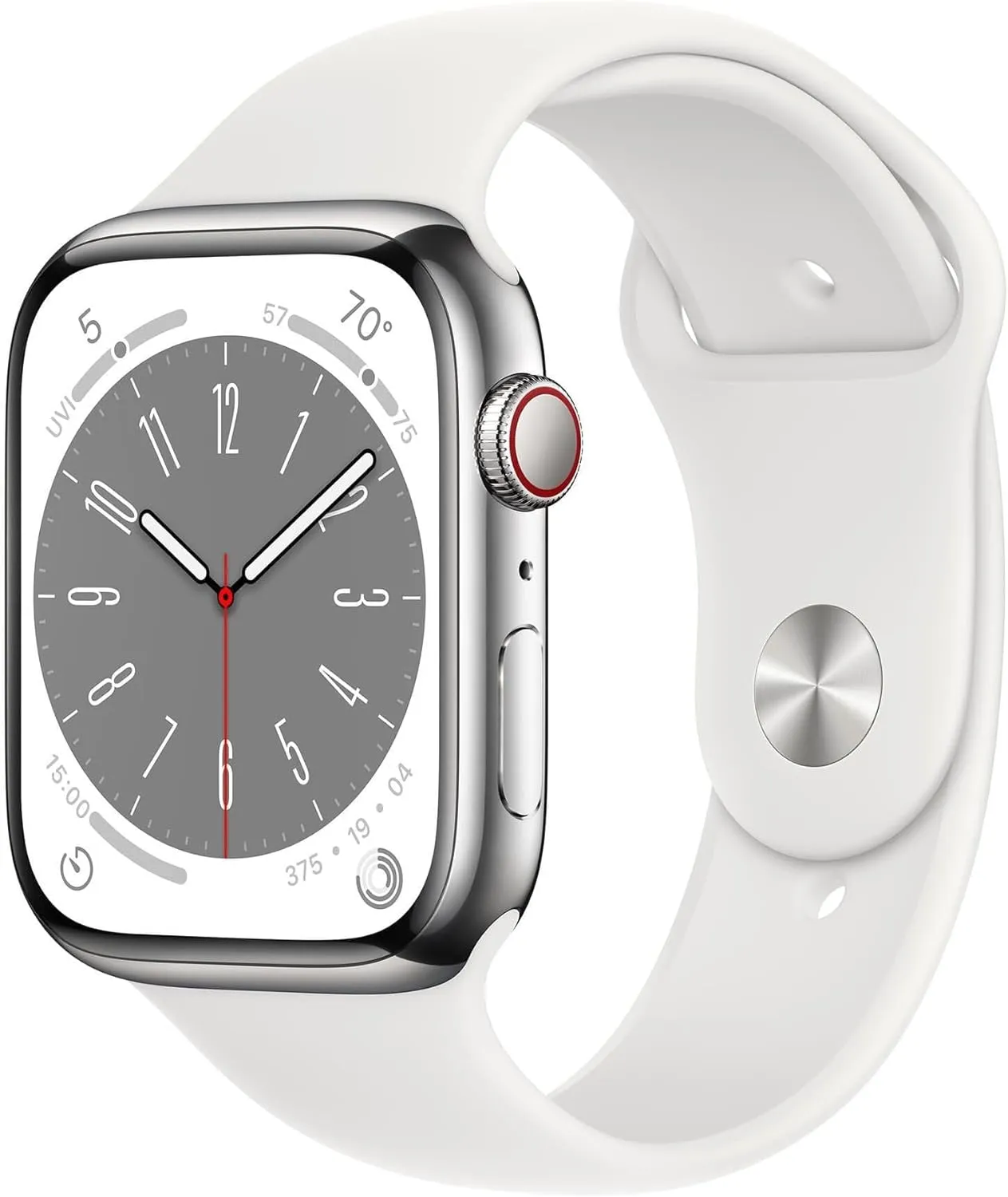 Apple Watch Series 8 (GPS   Cellular, 41mm) - Silver Stainless Steel Case with White Sport Band M/L (Renewed)