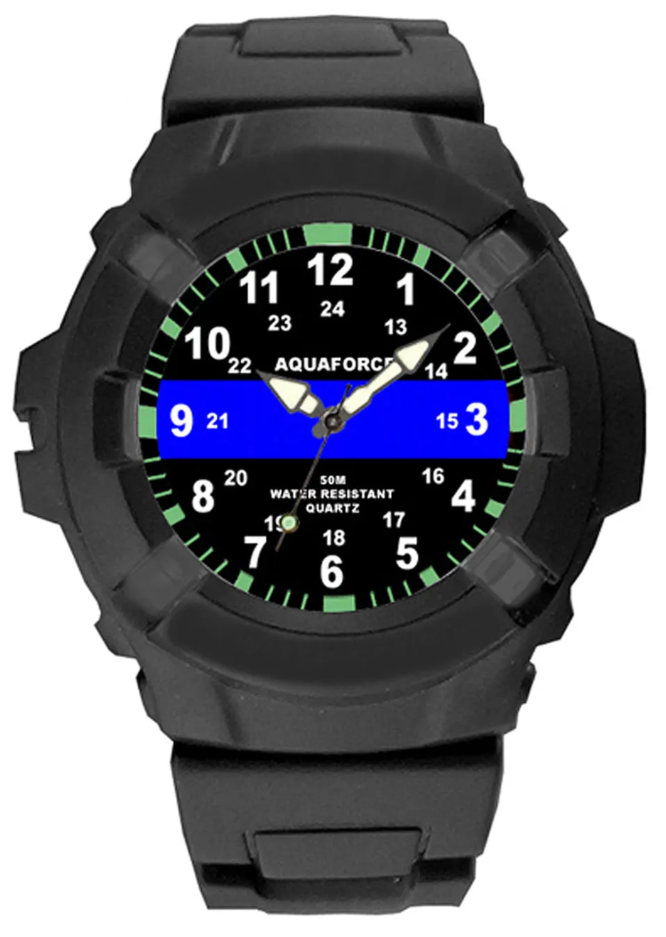 Aqua Force Thin Blue Line Police Officer Rugged Pu Rubber Watch (50m Water Resistant)