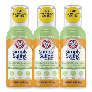 Arm & Hammer Simply Saline Moisturize & Soothe Nasal Mist, Drug-Free Moisturizing Saline Nasal Spray for Instant Relief for Dry Nose, 4.6 Oz (130 g), 3 Pack