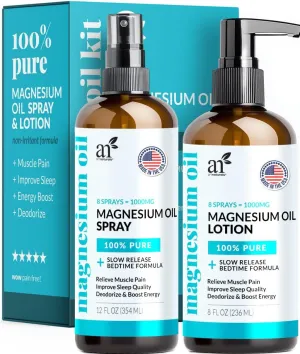 ArtNaturals Magnesium Oil Spray 12 oz   Body Massage Lotion Set 8oz for Feet & Sleep - Extra Strength Cream Ultra-Pure, Relief & Relaxation, Muscle Health Leg & Joint Care Topical Non Itch