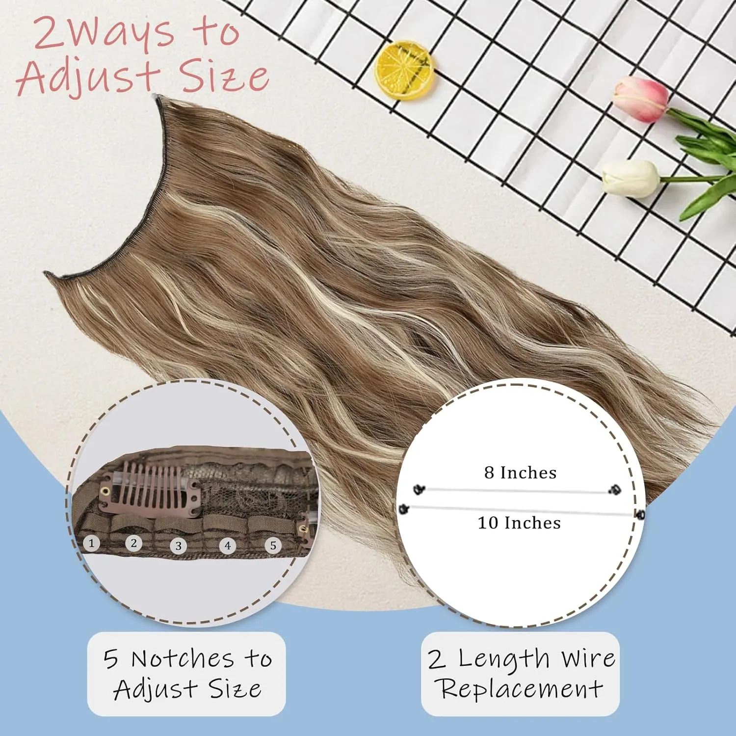 Ash Brown with Beach Blonde Halo Hair Extensions Invisible Wire long Wavy Synthetic Hairpiece with 4 Secure Clips for Women 20 Inch Clip in Hair Extensions