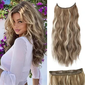 Ash Brown with Beach Blonde Halo Hair Extensions Invisible Wire long Wavy Synthetic Hairpiece with 4 Secure Clips for Women 20 Inch Clip in Hair Extensions
