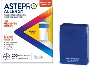 Astepro Nasal Spray and Tissue Bundle, 24-Hour Allergy Relief, Steroid-Free, Nasal Congestion, Runny & Itchy Nose, 200 Metered Sprays (Packaging May Vary)