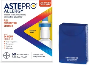 Astepro Nasal Spray and Tissue Bundle, 24-Hour Allergy Relief, Steroid-Free, Nasal Congestion, Runny & Itchy Nose, 60 Metered Sprays (Packaging May Vary)
