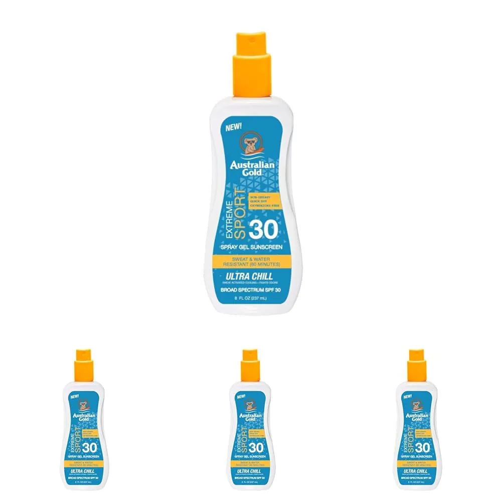 Australian Gold Extreme Sport Spray Gel Sunscreen SPF 30, 8 Ounce | Broad Spectrum | Sweat & Water Resistant | Non-Greasy | Oxybenzone Free | Cruelty Free (Pack of 4)