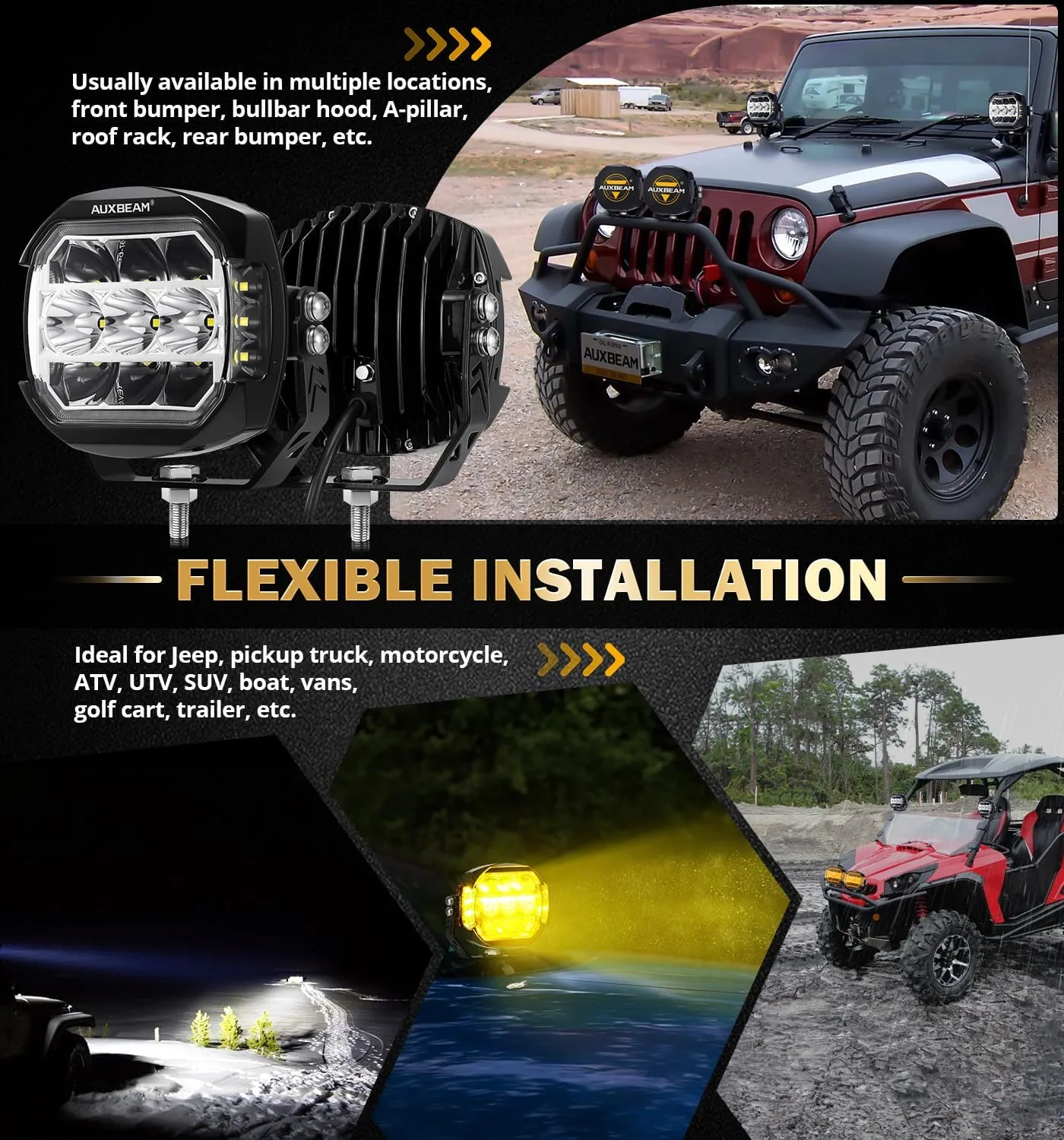 Auxbeam XP-Ultra Series 5 Inch LED Pod Lights, 174W 20400LM 270° Side Shooter Light Bar, Amber DRL & Turn Signal, Spot Flood Combo, Amber/Black Light Covers, Offroad Fog Lights 4x4 Off-Road Truck Jeep