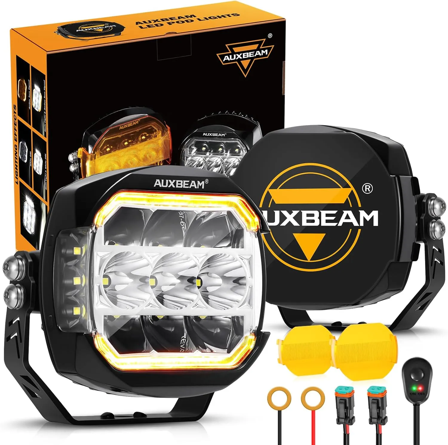 Auxbeam XP-Ultra Series 5 Inch LED Pod Lights, 174W 20400LM 270° Side Shooter Light Bar, Amber DRL & Turn Signal, Spot Flood Combo, Amber/Black Light Covers, Offroad Fog Lights 4x4 Off-Road Truck Jeep