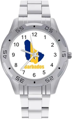 Barbados Flag Map Simple Stainless Steel Band Business Watch Dress Wrist Unique Luxury Work Casual Waterproof Watches