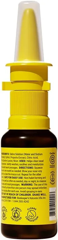 Beekeeper's Naturals Nasal Spray for Adults with Propolis, Xylitol & Saline, Clears Nasal Congestion, Moisturizes Sinus Canal, & Decongest Sinus Cavities, 1 fl oz