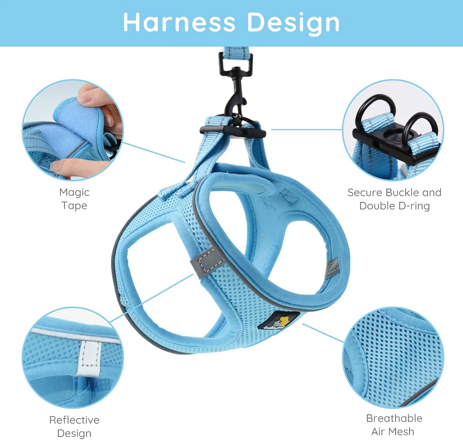 BELLA & PAL Puppy Harness with Leash Set, Step in Harness for Small Dogs, Dog Air Mesh Dog Vest Harness with Reflective Strip, No Pull No-Chock Harness for XXS, XS, Small, Medium Dog Cat (Sky Blue,M)