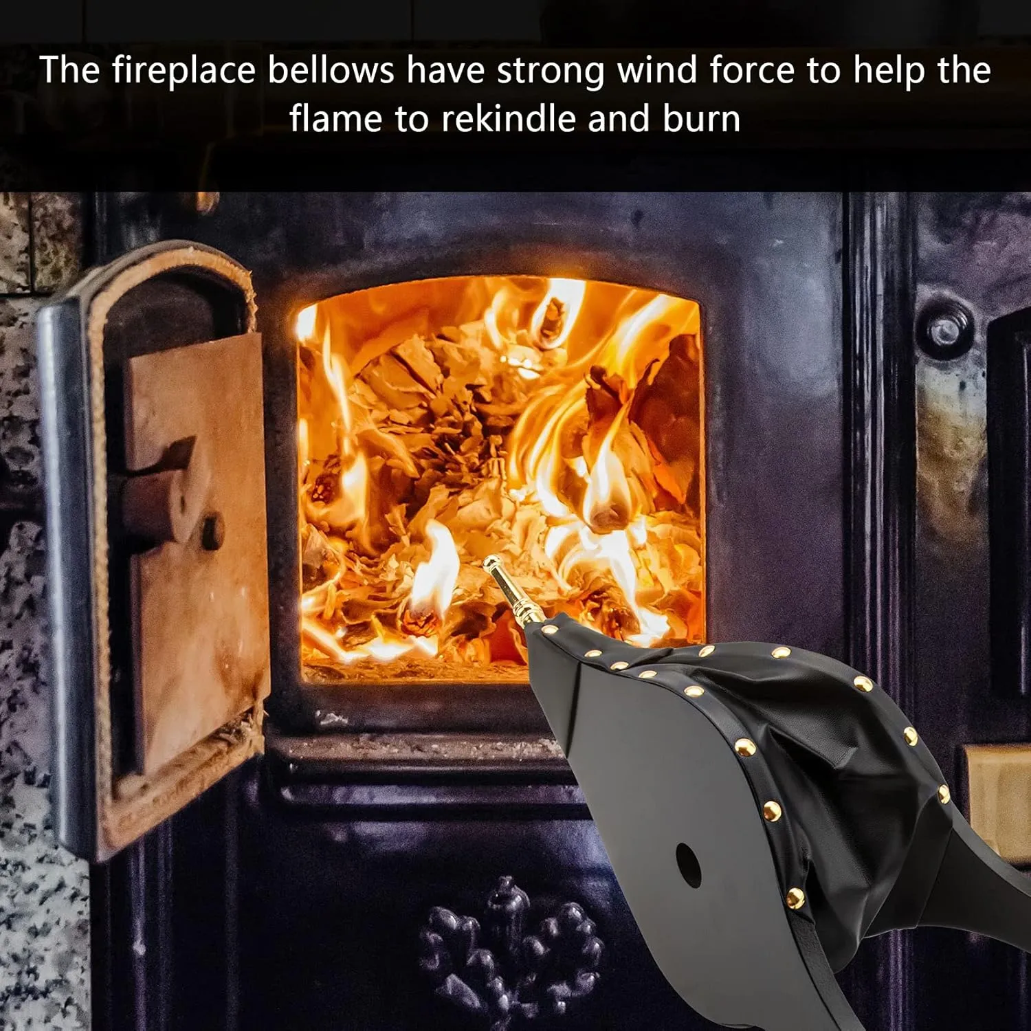 Bellows for Fire Pit,17"x 7.5" Bellows for Wood Stove Camping, Fireplace Blower with Hanging Strap,Cast Nozzle Fireplace Bellows Indoor(Black)