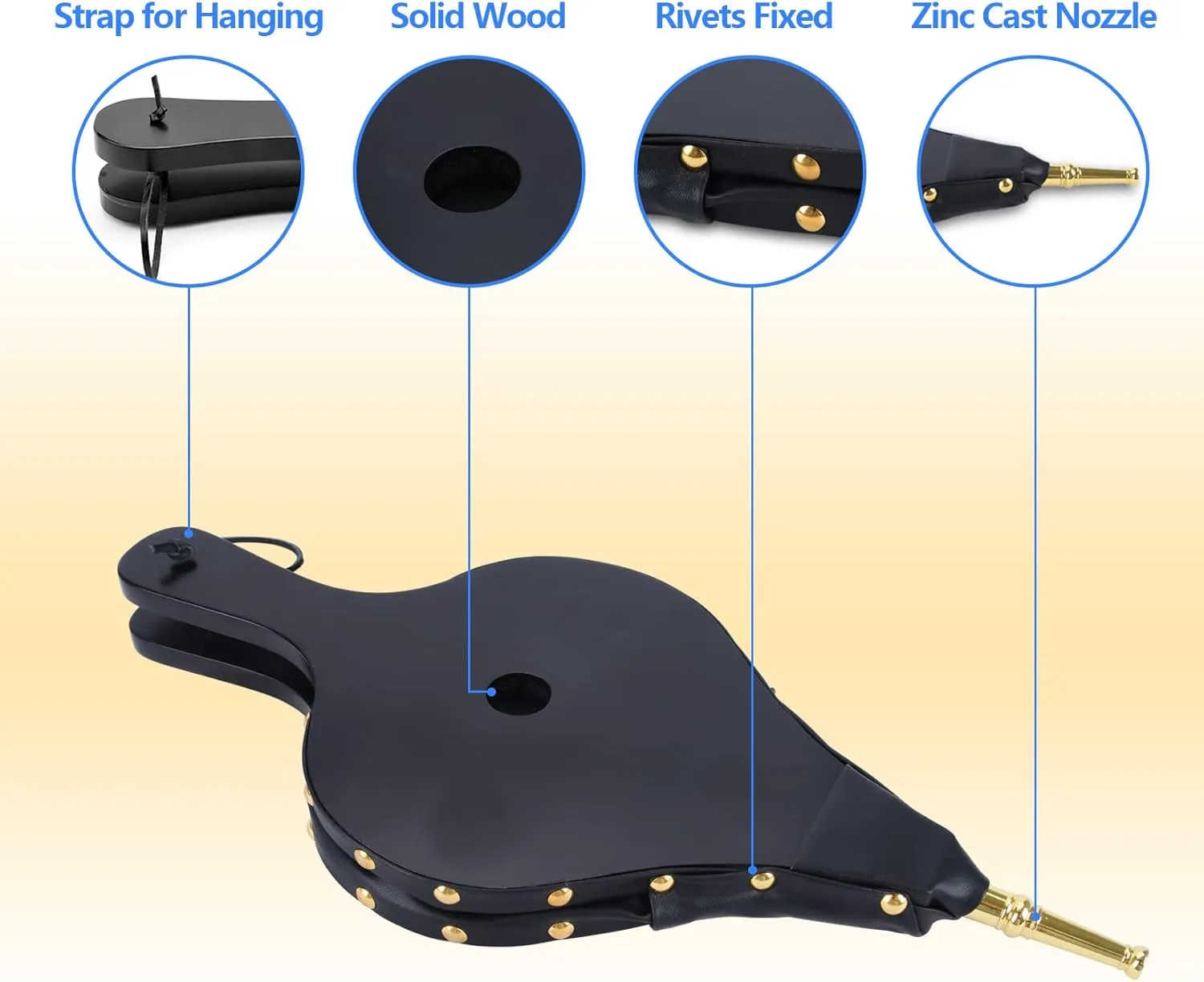 Bellows for Fire Pit,17"x 7.5" Bellows for Wood Stove Camping, Fireplace Blower with Hanging Strap,Cast Nozzle Fireplace Bellows Indoor(Black)