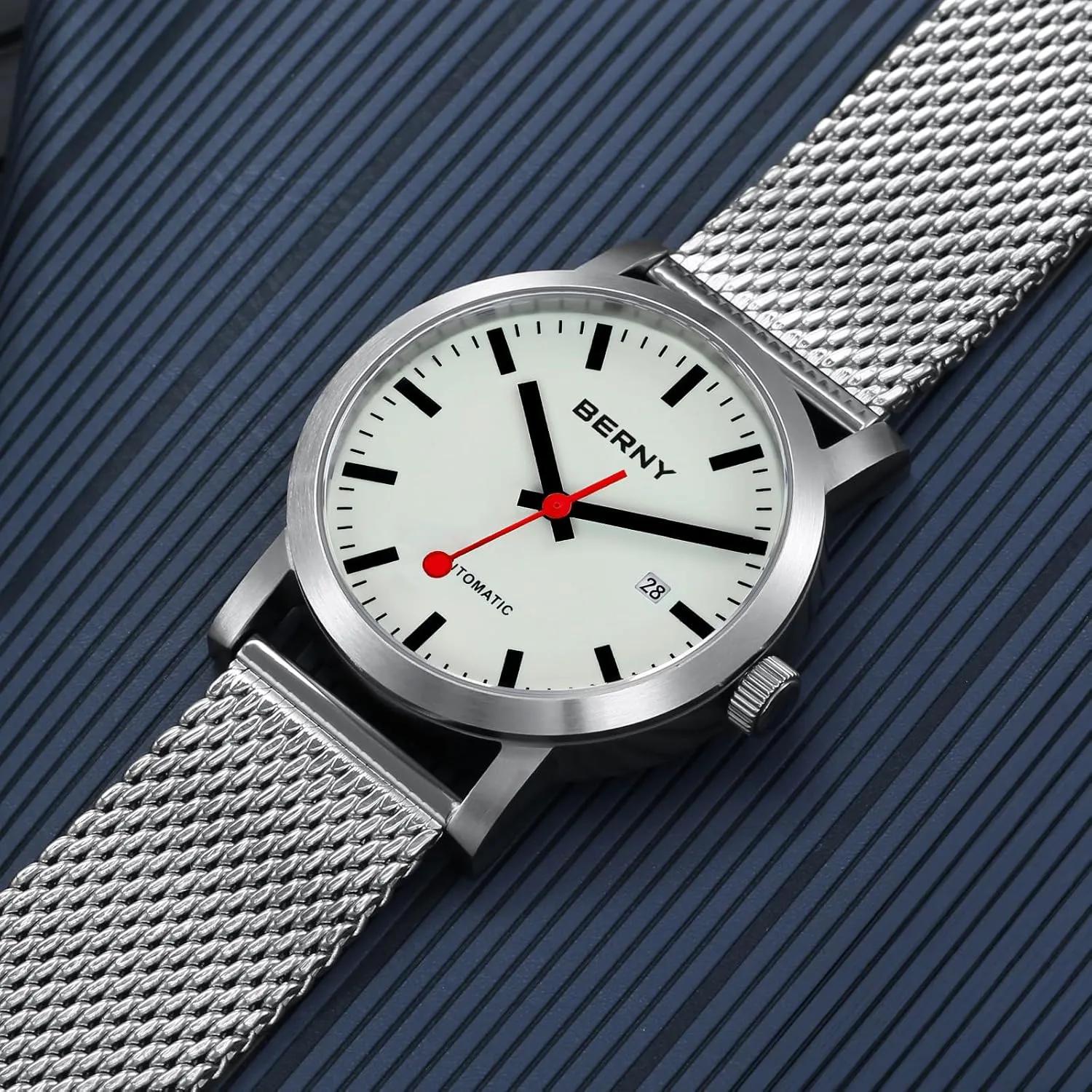 BERNY Classic Automatic Watch for Men Mechanical Self Wind Wristwatch MIYOTA 8215 Movement Stainless Steel Strap 5ATM Waterproof Full Luminous Dial Sapphire Glass Railroad Watches