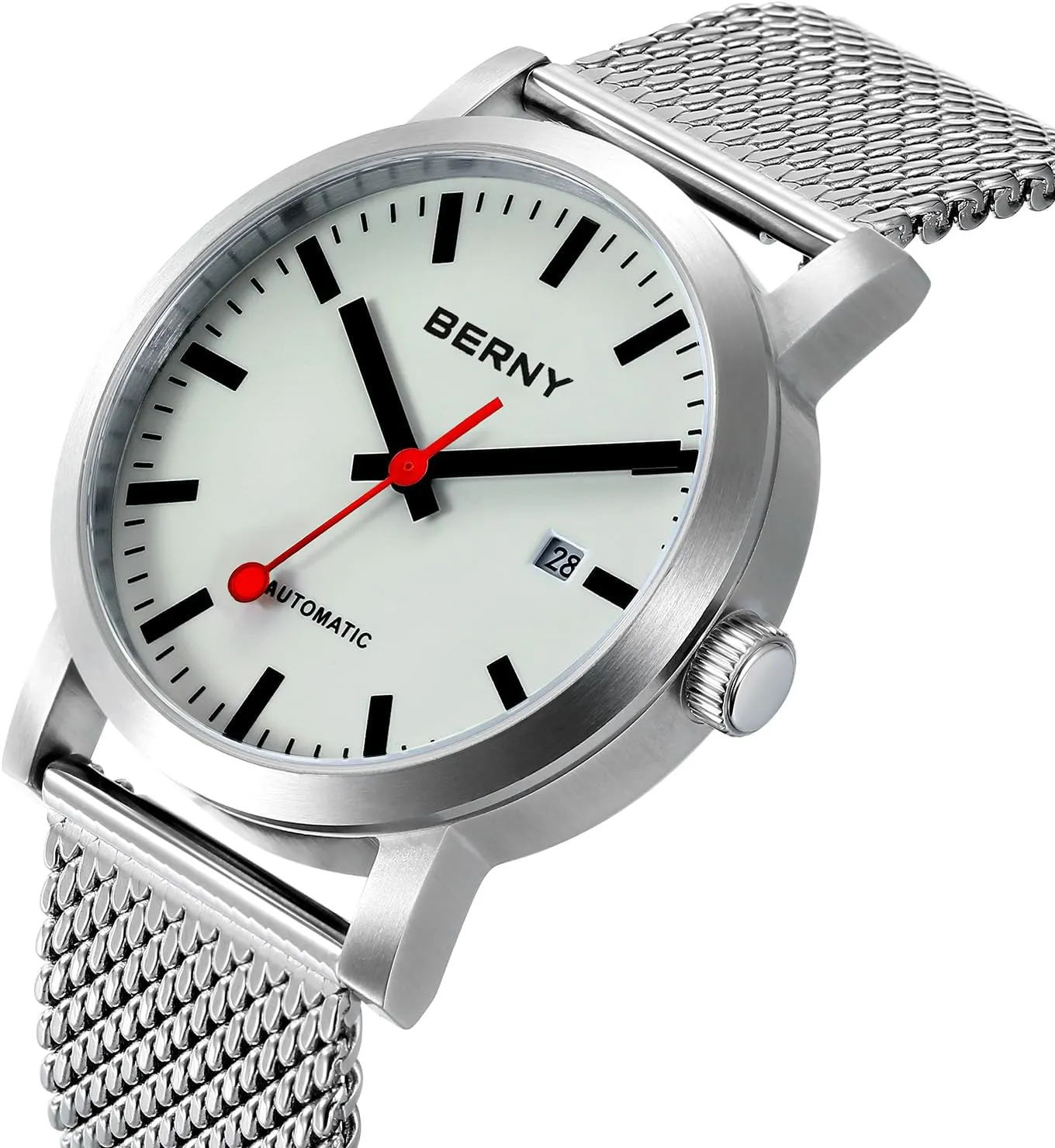 BERNY Classic Automatic Watch for Men Mechanical Self Wind Wristwatch MIYOTA 8215 Movement Stainless Steel Strap 5ATM Waterproof Full Luminous Dial Sapphire Glass Railroad Watches