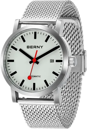 BERNY Classic Automatic Watch for Men Mechanical Self Wind Wristwatch MIYOTA 8215 Movement Stainless Steel Strap 5ATM Waterproof Full Luminous Dial Sapphire Glass Railroad Watches