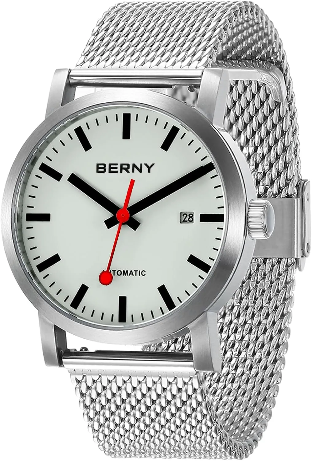 BERNY Classic Automatic Watch for Men Mechanical Self Wind Wristwatch MIYOTA 8215 Movement Stainless Steel Strap 5ATM Waterproof Full Luminous Dial Sapphire Glass Railroad Watches