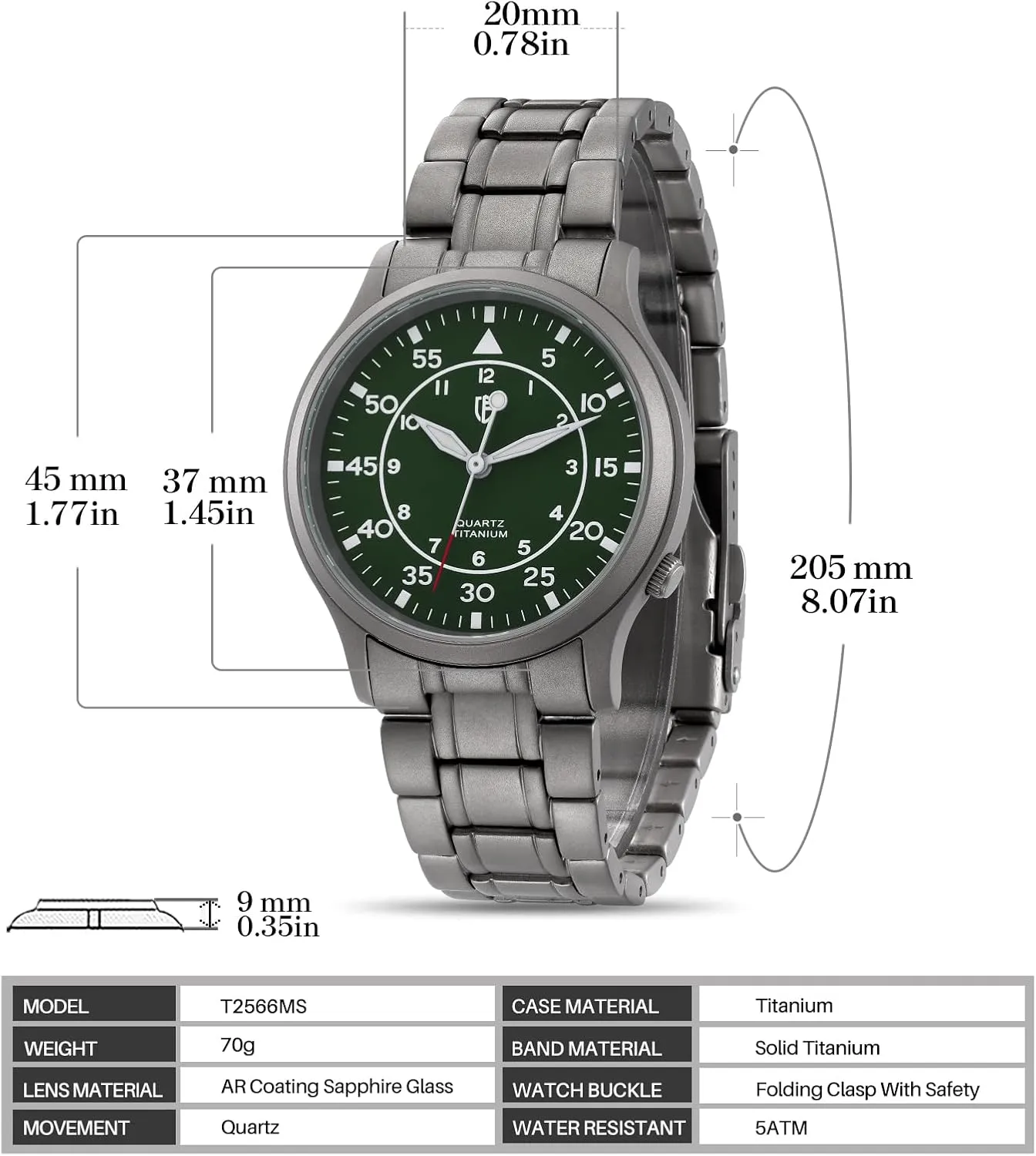 BERNY Men's Titanium Watch Japanese Sweep Second Quartz Movement Titanium Analog Quartz Watch T2566M Waterproof