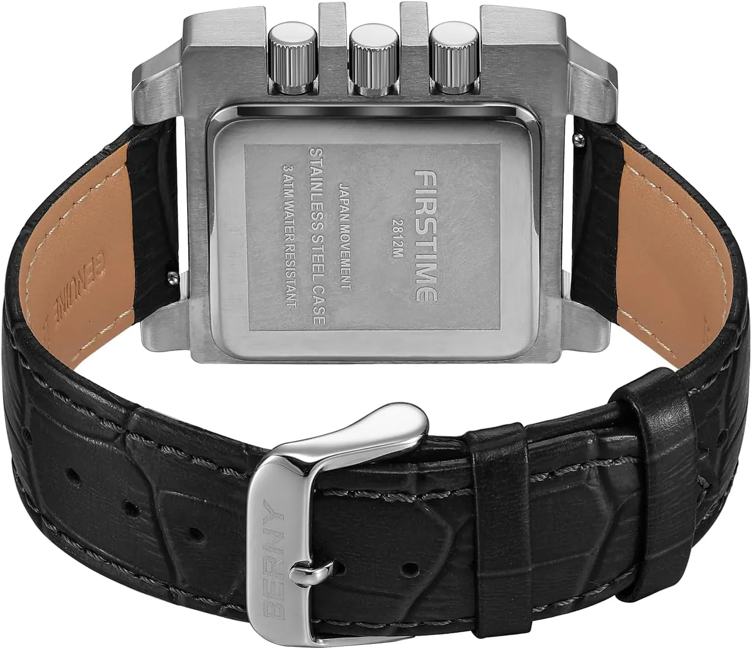 BERNY Rectangle Watch for Men Miyota JS55 Movement Personalized Tank Wristwatch with Three Sub-Dial Male Fashion Business Casual Watch 3ATM Waterproof Leather Strap