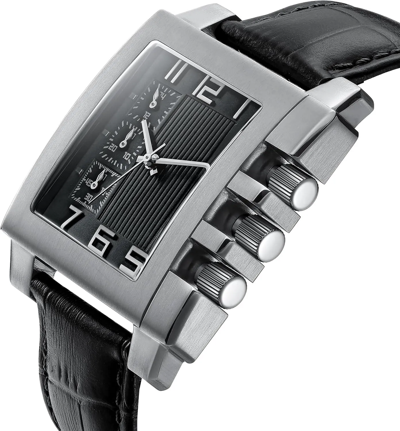 BERNY Rectangle Watch for Men Miyota JS55 Movement Personalized Tank Wristwatch with Three Sub-Dial Male Fashion Business Casual Watch 3ATM Waterproof Leather Strap