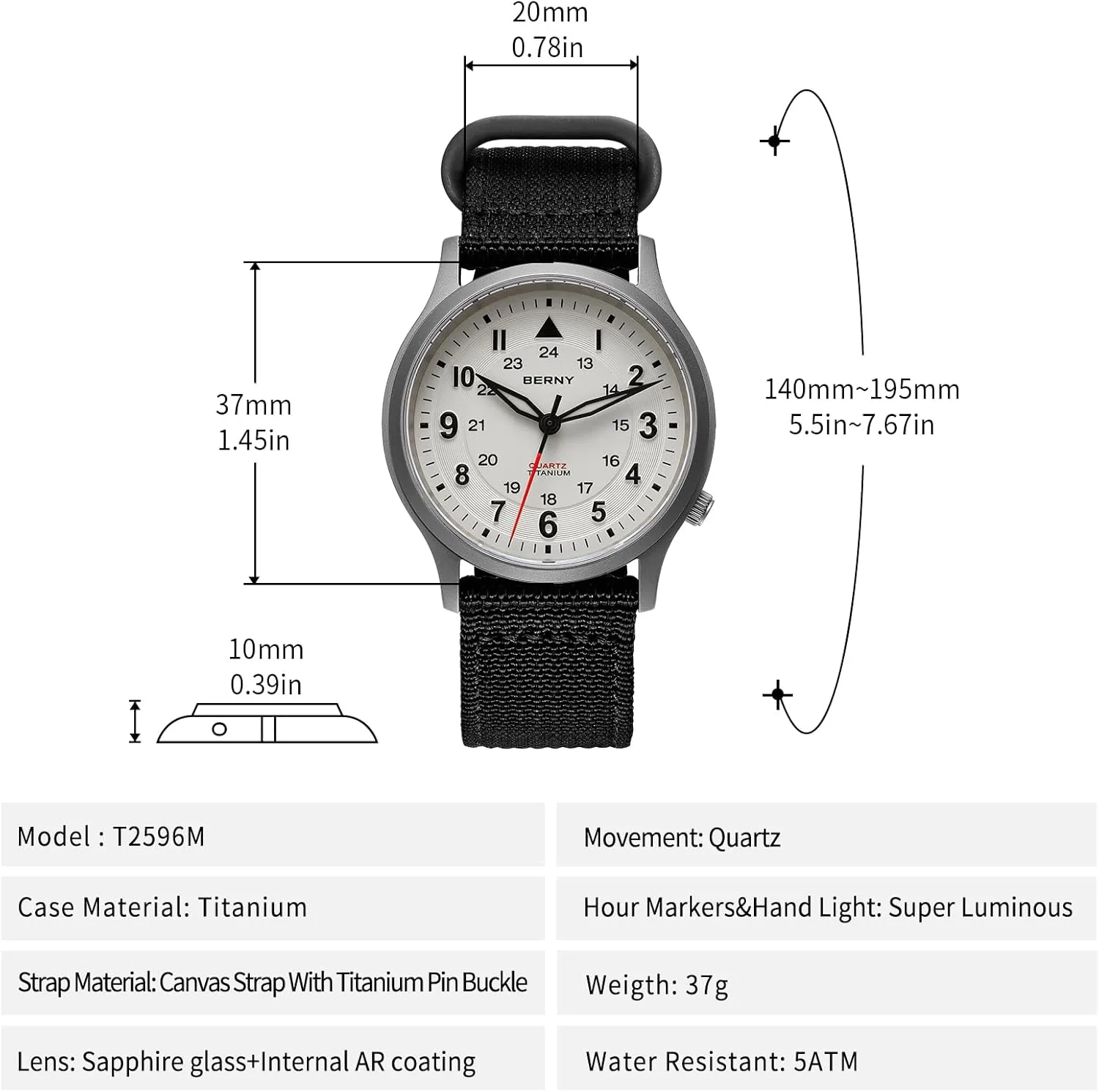BERNY Titanium Watches for Men Japanese Sweep Second Quartz Movement Men's Field Wrist Watch 5ATM Waterproof Military Wristwatch for Men and Women Luminous Unisex Analog Sport Watches