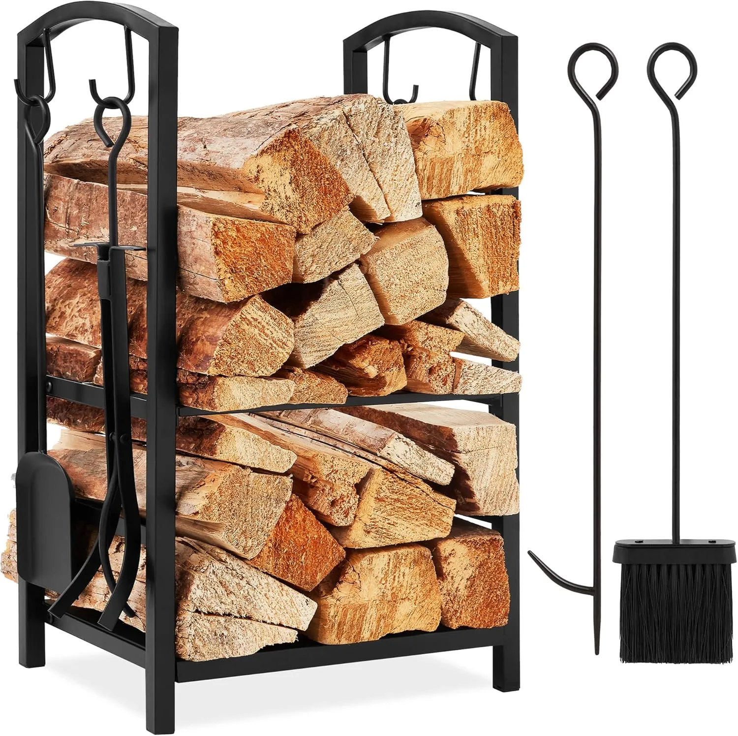 Best Choice Products 5-Piece Indoor Outdoor Wrought Iron Firewood Log Storage Rack Holder Firepit Tools Set for Fireplace, Fire Pit, Stove w/Hook, Broom, Shovel, Tongs - Black