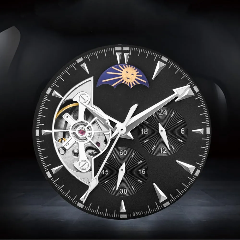 BESTKANG Mechanical Watches for Men Automatic Moon Phase Hollow Out Stainless Steel Waterproof Men's Watch