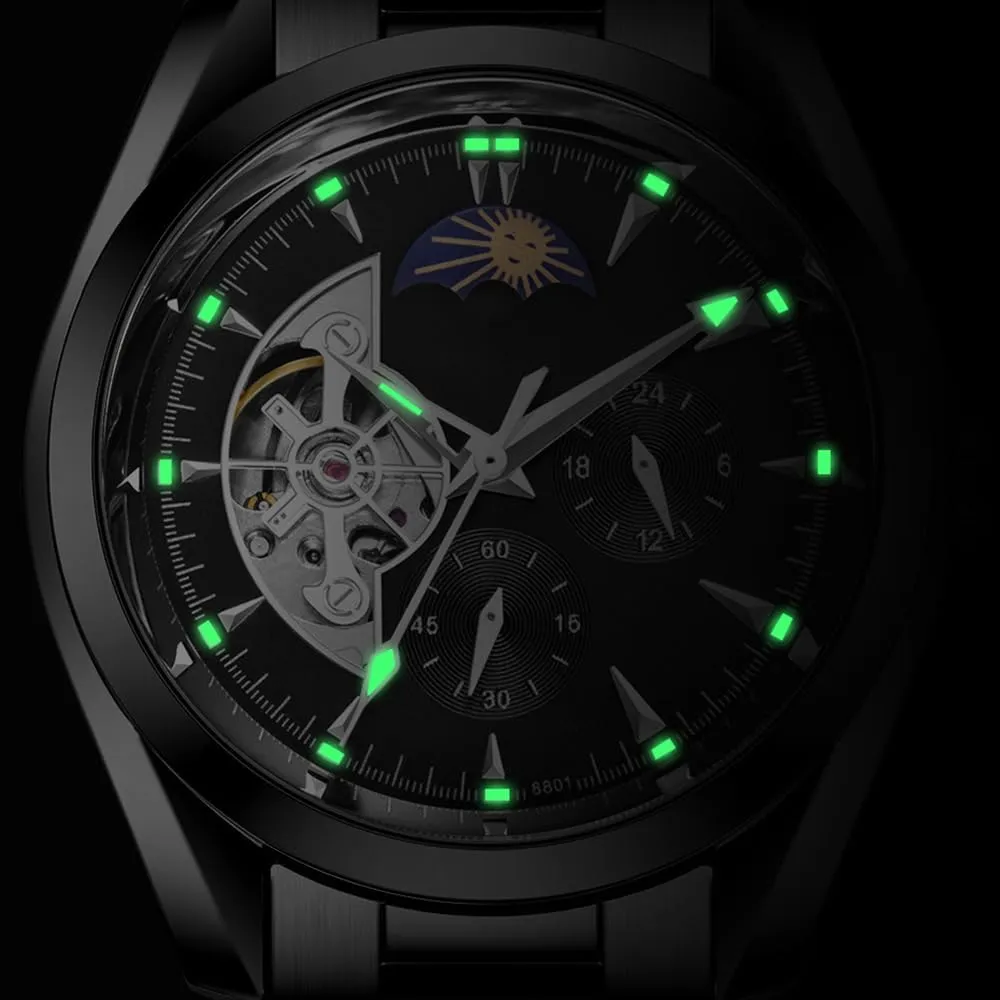 BESTKANG Mechanical Watches for Men Automatic Moon Phase Hollow Out Stainless Steel Waterproof Men's Watch